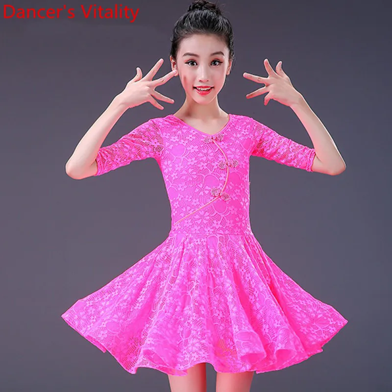 Детская одежда для латинских танцев девочек 3 цвета Приталенное кружевное платье