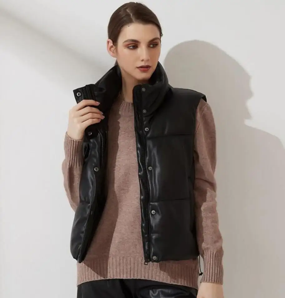 

European American Style Winter Women's Waistcoat With Thick Standing Collar Warm Sleeveless PU Leather Down Cotton Vest