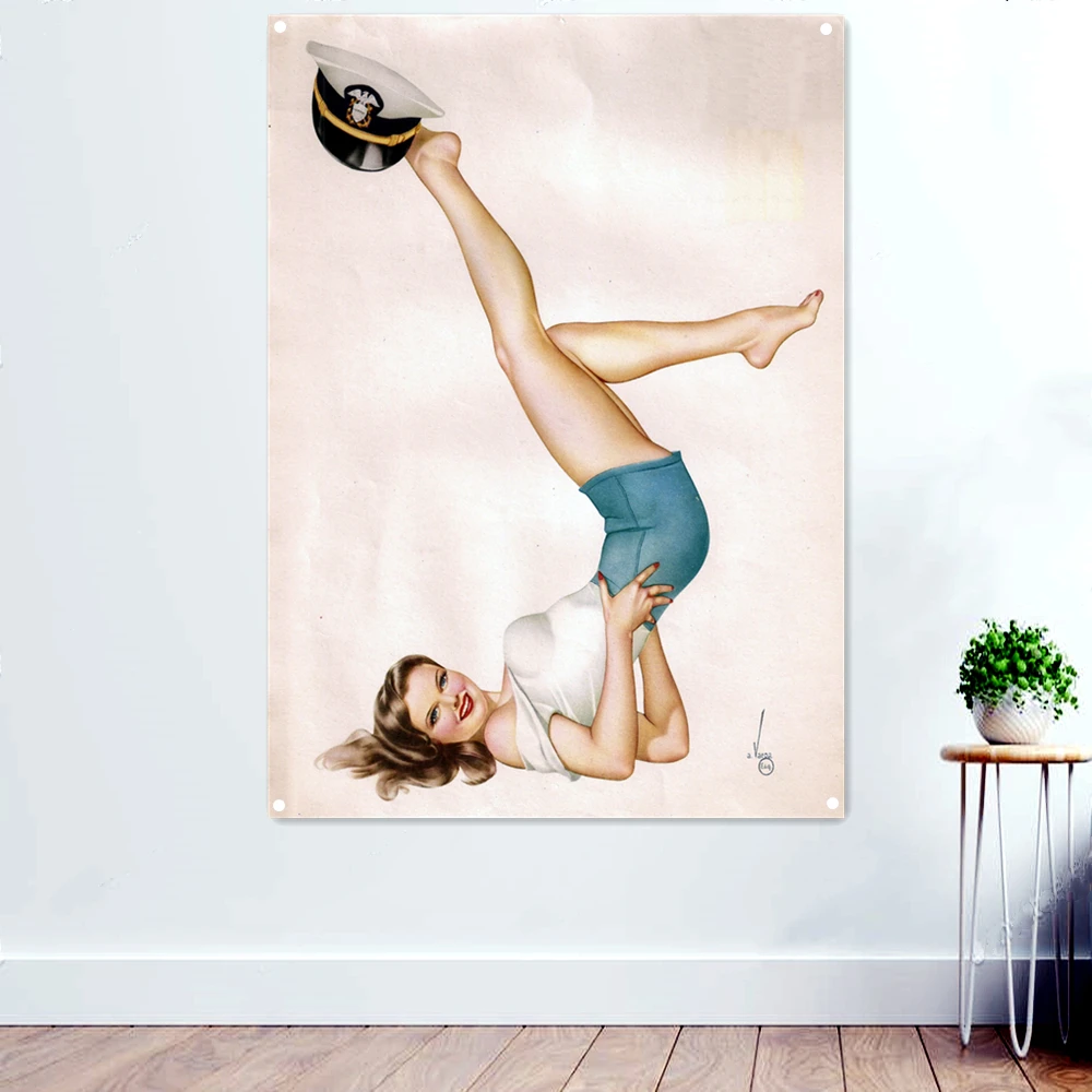 

Vinatge World War II Sexy Pin up Girl Banner Flag Retro Canvas Painting Sexy Lady Art Posters and Prints Wall sticker Decor A1