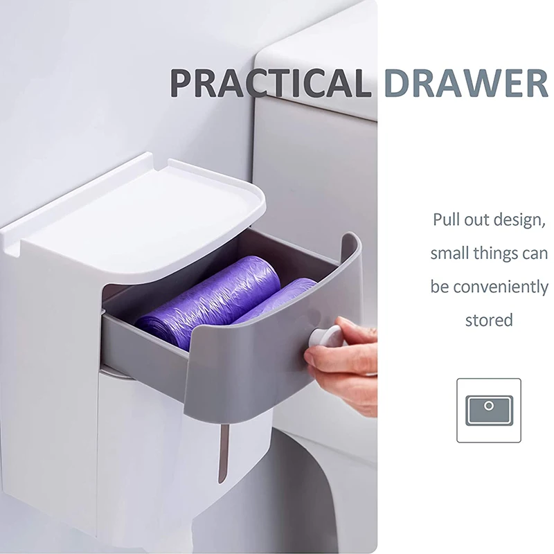 

Adhesive Toilet Paper Roll Holder with Storage Drawer Bathroom Tissue Box Wall Organizer Shower Facial Tissue Holder