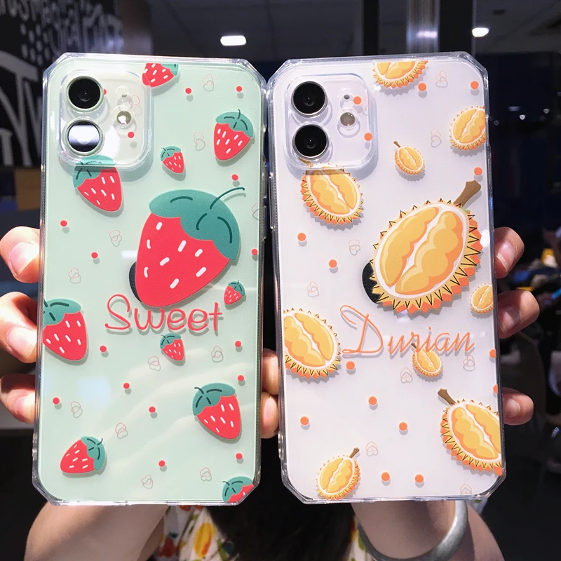 

Cute Cartoon Fruit Durian Strawberry Phone Case For iPhone 13 Pro Max 12 11 X XR XS 7 8 Plus SE 2020 Transparent Soft TPU Cover