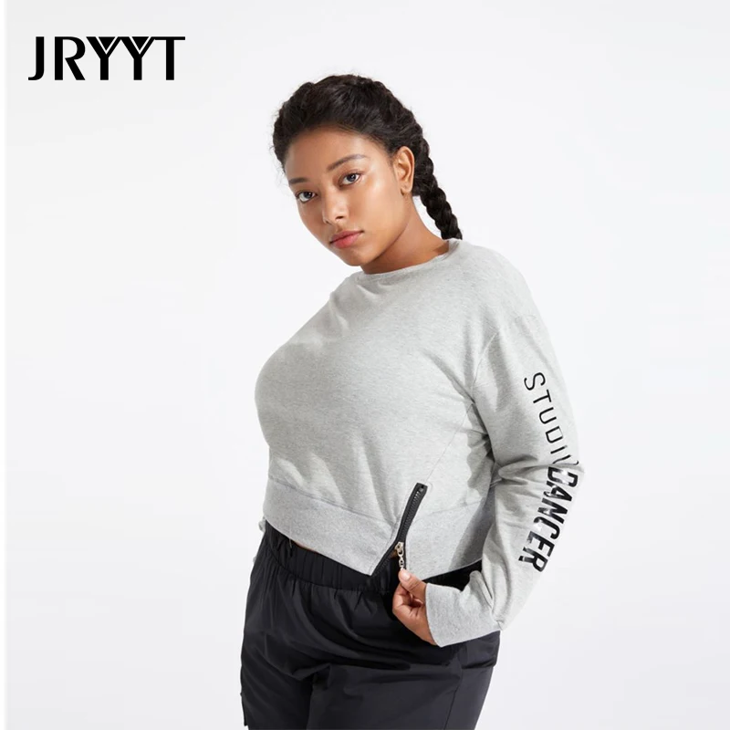 

JRYYT L-4XL Plus Size Fitness Sweatshirts Women Letter Print Loose Gym Workout Tops Female Casual Long Sleeve Running Yoga Shirt