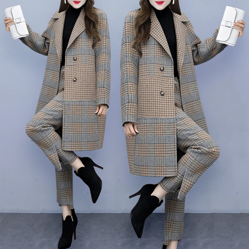 

Long Coat Wide-Leg Pants Casual Fashion Female Suit/Sets club outfits New Women's Winter Two-Piece Suits Large Size Plaid Woolen