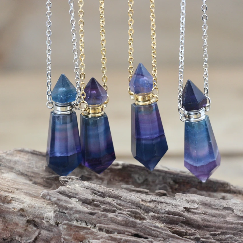 

Beautiful Rainbow Fluorite Double Pointed Perfume Bottle Pendant Necklace Healing Crystal Prism Essential Oil Vial Charms QC1070