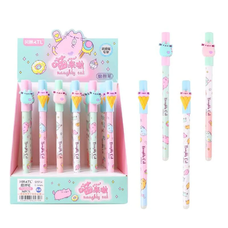 

36 шт./лот Kawaii Мороженое кошка стираемая гелевая ручка милые 0,5 мм синие чернила нейтральные ручки офисные школьные принадлежности для письм...
