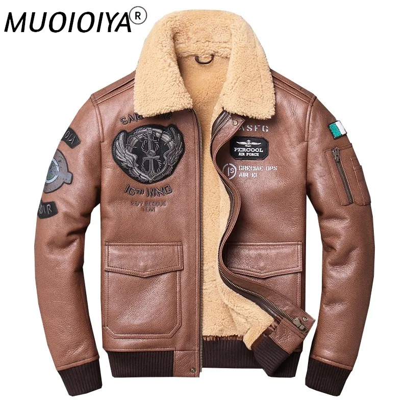 

Factory 2021 Men Shearling Flight Jacket Top Gun Air Force Pilot Jackets Casual Wool Liner Sheepskin Jackets Russia Winter Coats