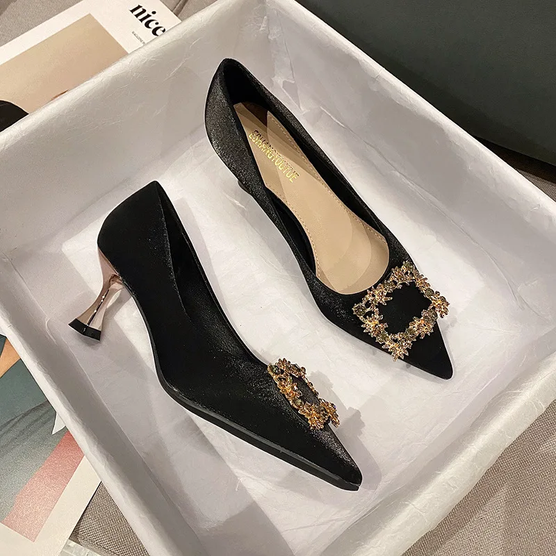 

2021 Autumn New Women Bridal Shoes Wedding Shoes Faux Silk Satin Rhinestone Crystal Woman Pumps Stiletto Sapato Feminino