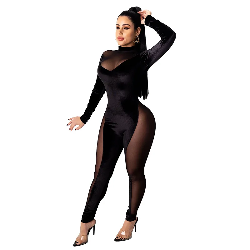 

Cutubly Romper Long Sleeve See Through Sexy New Jumpsuit For Women Sexy Patchwork Turtleneck Night Club Party Mesh Jumpsuit New