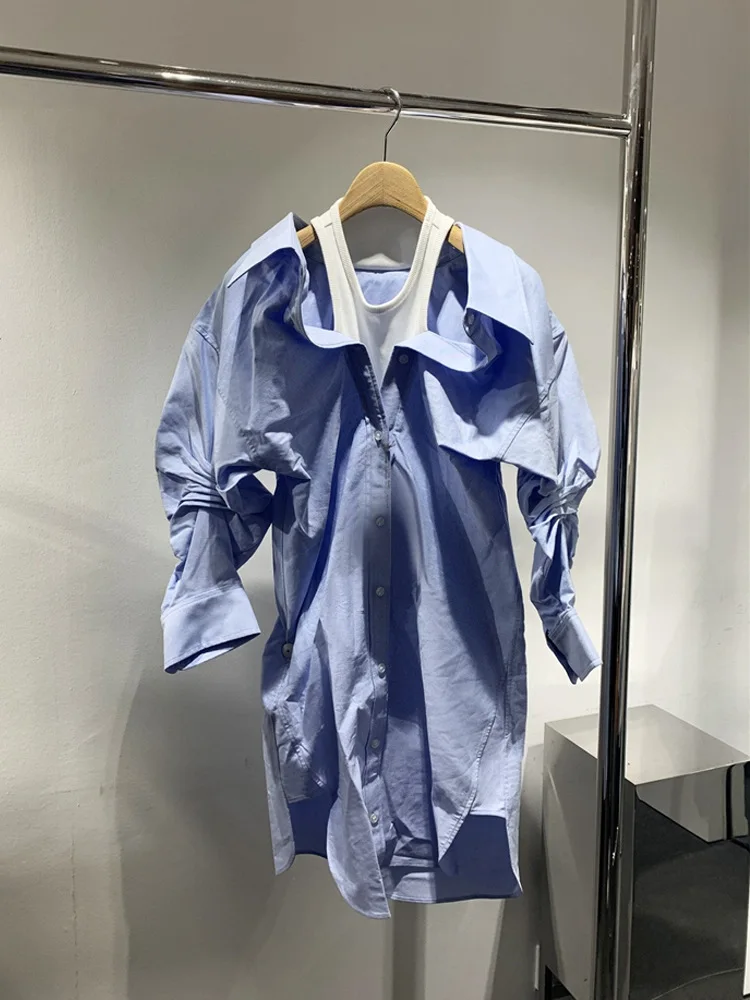 

Spring Fashion Classic Brand Design Versatile Contrast Stitching Fake Two-piece Shirt Skirt Letter Embroidery Sleeves Dress A2