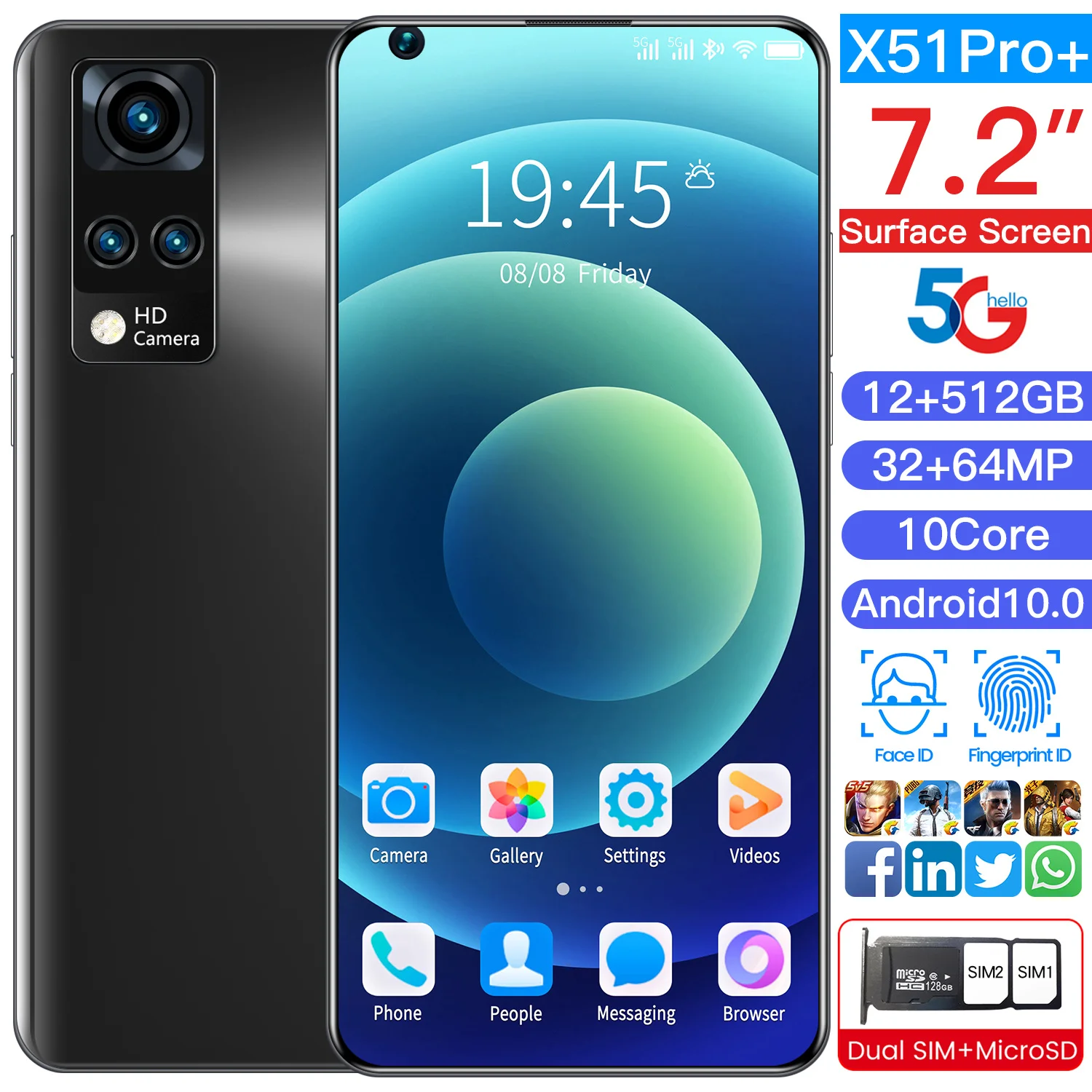 Смартфон Gobal X51PRO + 7 2 дюйма 12 512 ГБ Android 10 | Мобильные телефоны и аксессуары