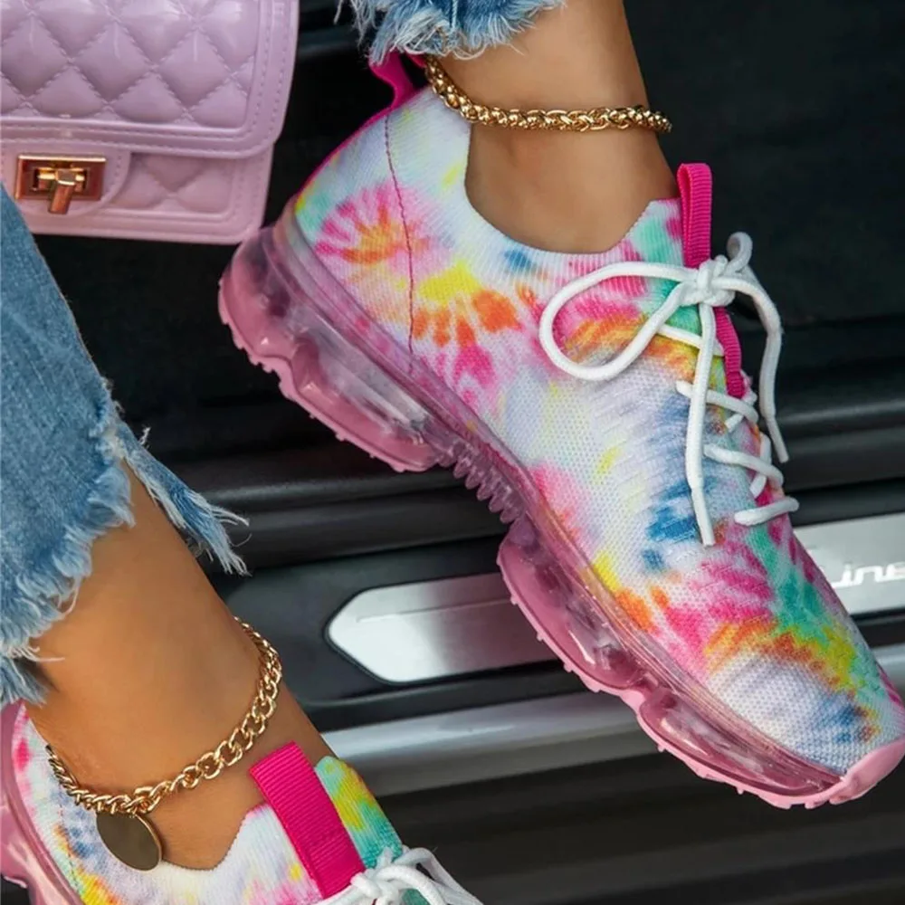 

2021 Spring New Women Breathable Sneakers Outdoor Flat Sport Vulcanized Shoes Color Matching Mesh Lace Up Ladies Casual Shoes
