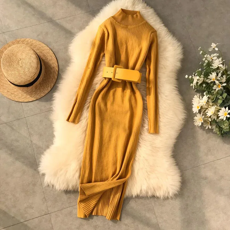 

Turtleneck Sweater Dress 2020 Women Fashion Autumn Winter lady Slim Sweater Bandage Bodycon Dress Long Sleeve Knitted Dress