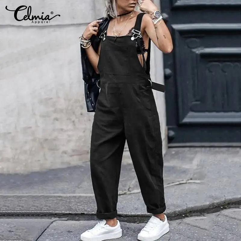 

2021 Autumn Sleeveless Work Overalls Women's Fashion Bib Dungarees Celmia Solid Pockets Jumpsuits Long Harem Playsuits