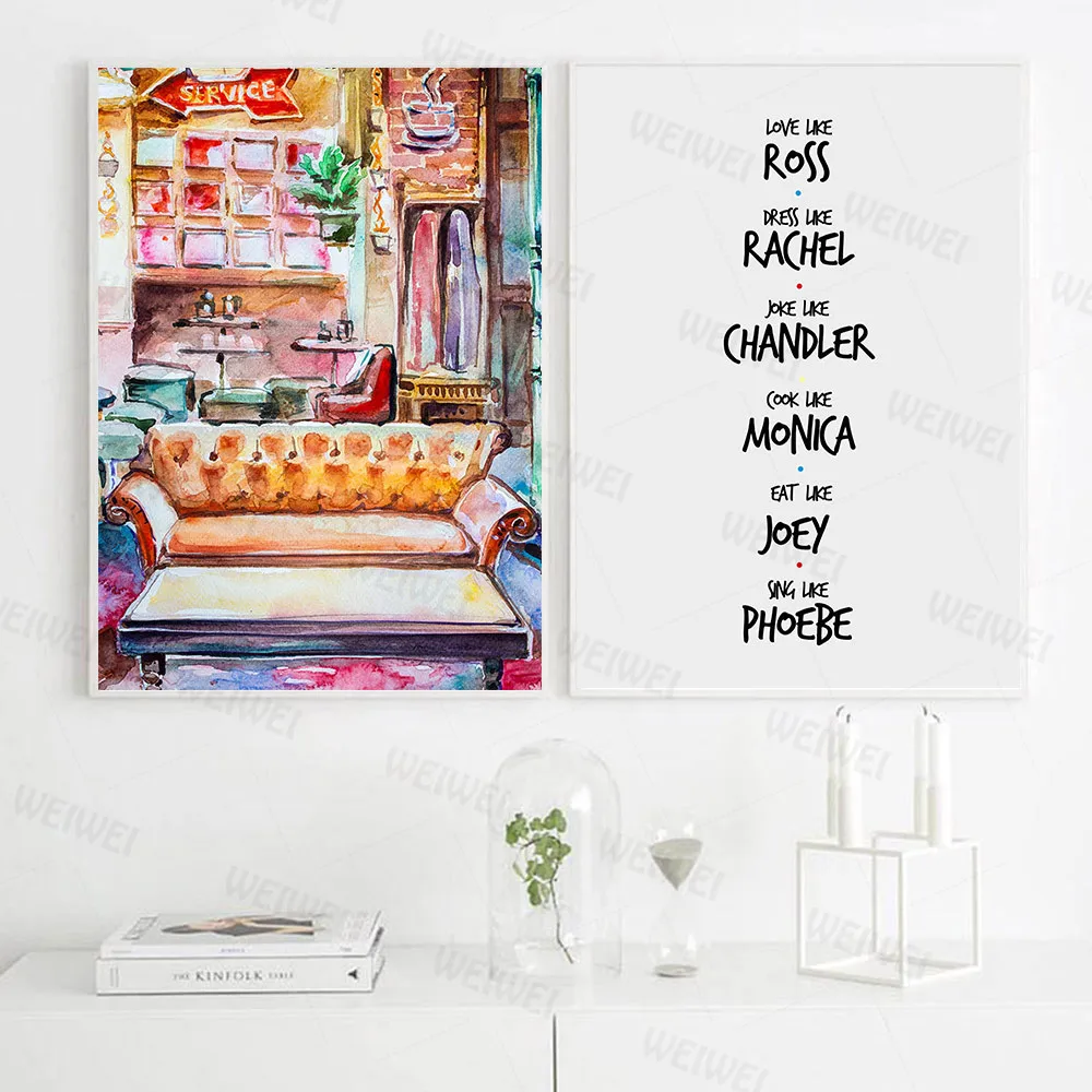 

Friends Tv Show Poster Watercolor Sofa Canvas Painting Wall Art Classic Quotes Art Prints Wall Picture for Bedroom Home Decor