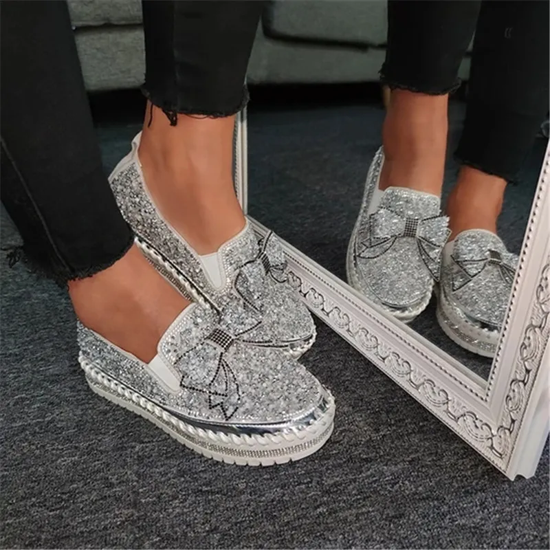 

Fashion Woman Shoes Rhinestones Woman Shoes Women Shining Rhinestone Slip-on Loafers Bowknot Shoes Lazy Casual Shoesfy45