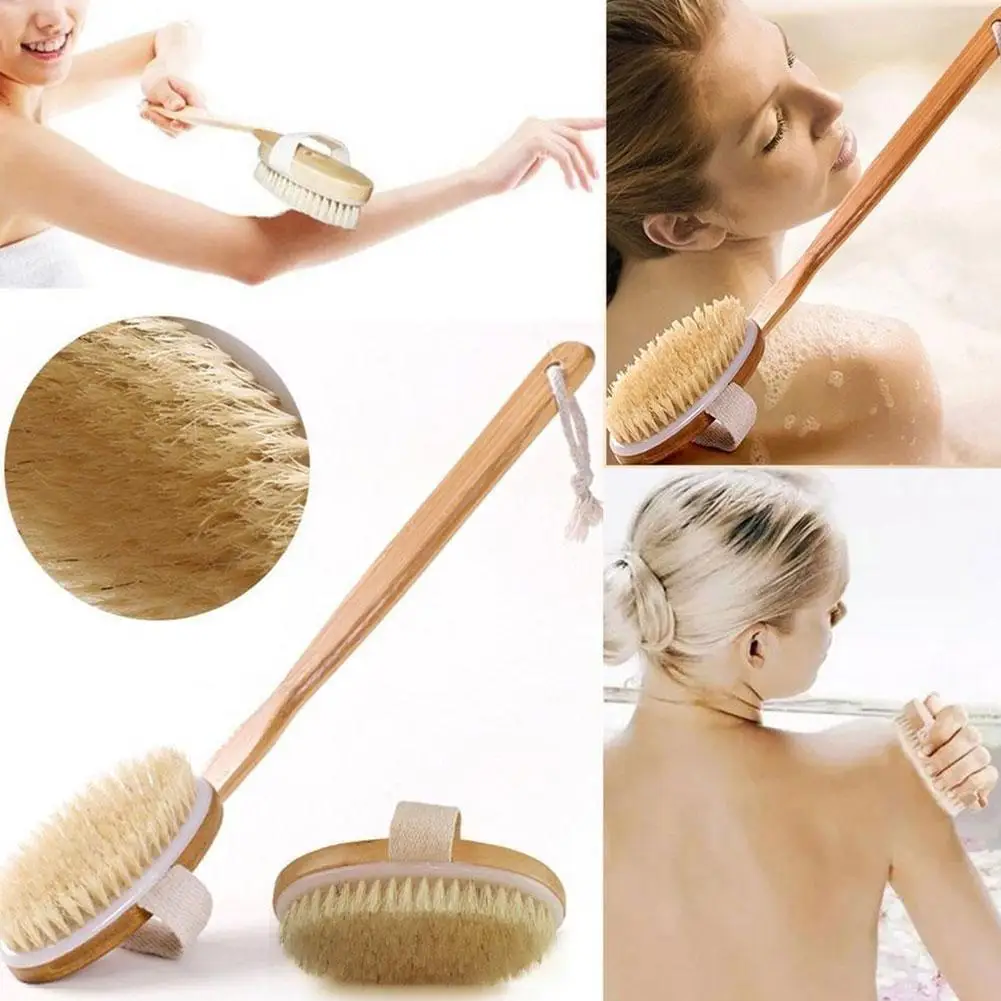 

1pcs Exfoliating Wooden Body Massage Shower Brush Natural Bristle Bath Brush Spa Woman Man Skin Care Dry Body Brush Long Handle