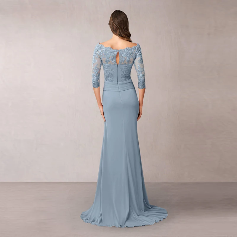 

Elegant Boat Neck Half Sleeve Evening Dresses 2021 Zipper Back Lace Appliques Sweep Train Pleats Prom Party Gowns