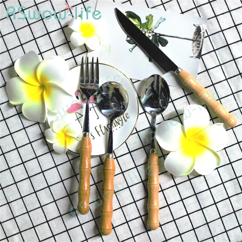 2Pcs столовые приборы из нержавеющей стали бамбука Творческий деревянной ручкой