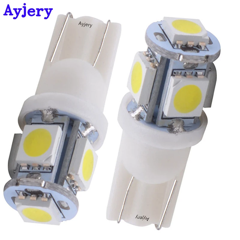 

AYJERY 500pcs/lot DC 12V T10 W5W 5 SMD 5050 LED Bulb White Blue Red Green 194 168 Side wedge Lights bulbs License Plate Lamps