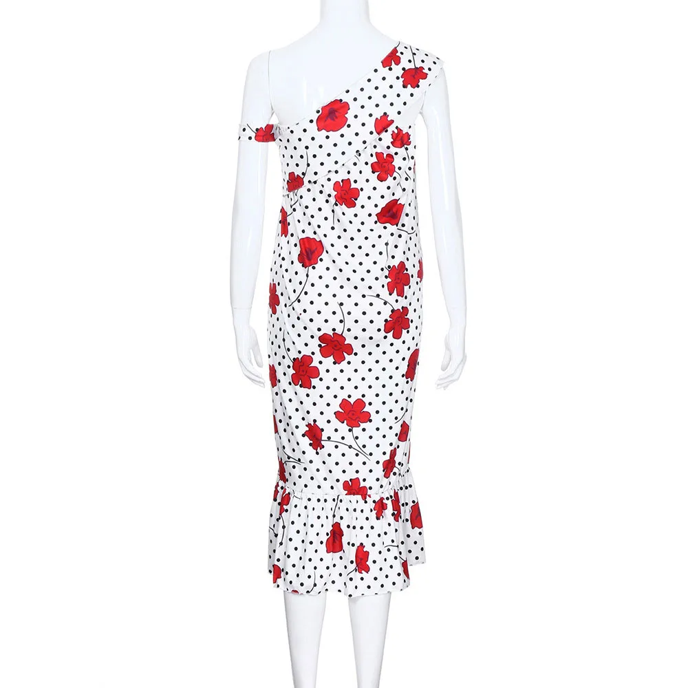 

2021 new polka dot flower print oblique shoulder one-way collar loose pregnant women dress women