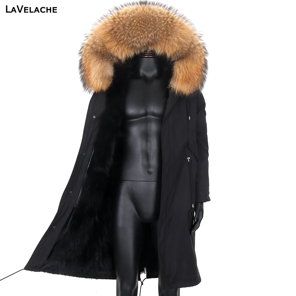 Men Winter Casual Jacket Extra Long Russian Man Coat Real Fur Liner Natural Raccoon Fur Collar Hooded Thick Warm Streetwear