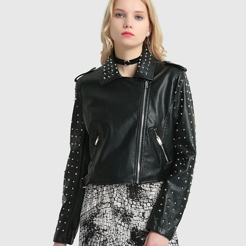 

Зимняя Осенняя искусственная куртка женская модная черная куртка с заклепками верхняя одежда Байкерская мотоциклетная куртка из искусств...