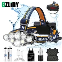 powerful 8 led headlamp usb rechargeable waterproof t6 headlight super bright outdoor 18650 lantern with tail warning light