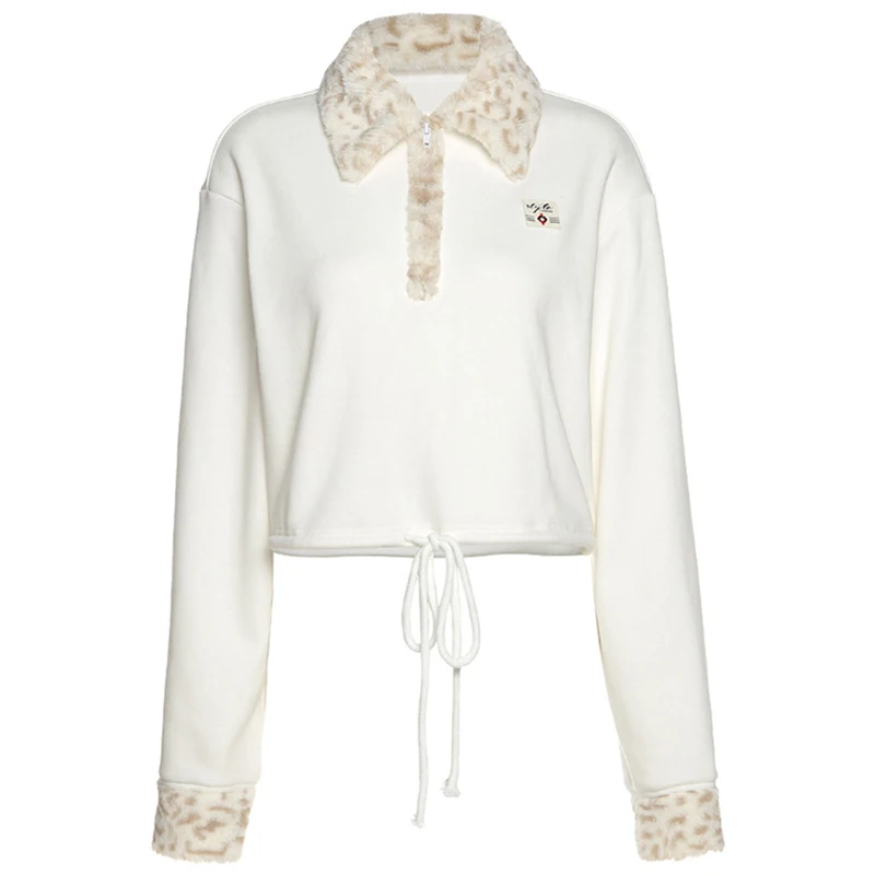 

2021 Women Hoodies Stitching Patchwork Lapel Turn-down Collar Long Sleeve Lace-Up Front Zipper Slim Fit Short Sweatshirt