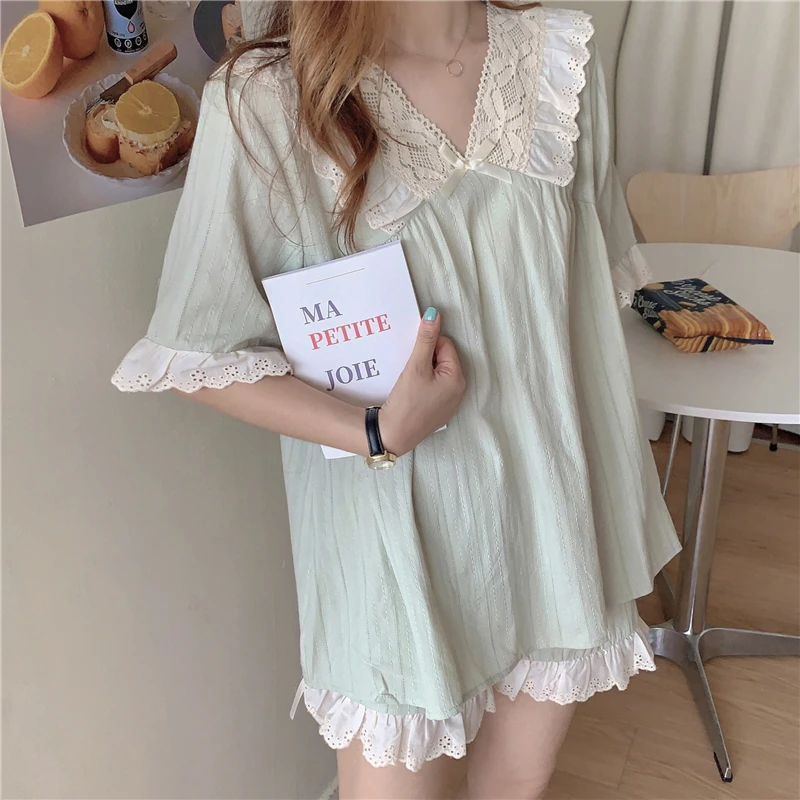 

Alien Kitty Summer Casual Lace Patchwork Cotton Pajamas Two Piece Suits Soft 2021 Stylish Sleepwear Women Home Chic Loose Sets