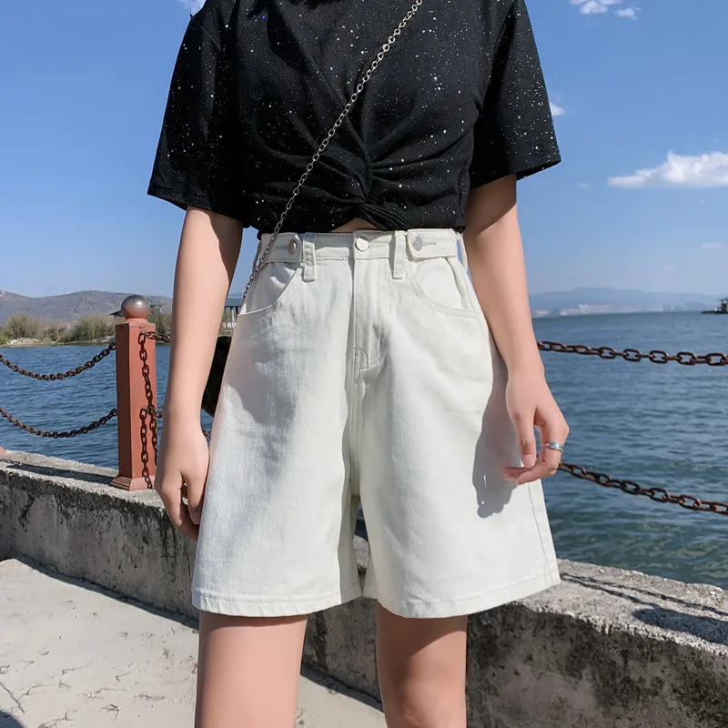 

Streetwear womens shorts button denim high waist short harajuku denim fold wide legs blue shorts hot sale 2021 summer