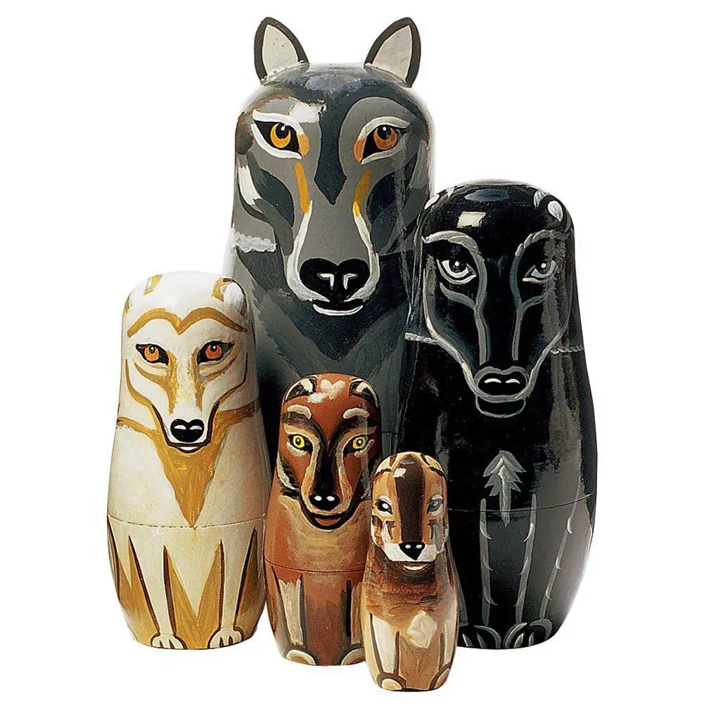 

5Pcs/Set Hand Painted Wooden Wolf Nesting Dolls Russian Matryoshka Kids Toy