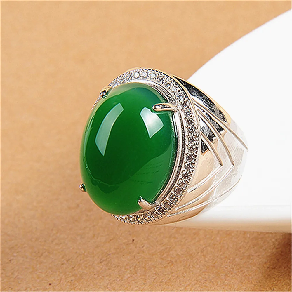 

Oval green jade gemstones rings for men zircon diamonds white gold silver color jewelry masculine vintage royal band Arabia gift
