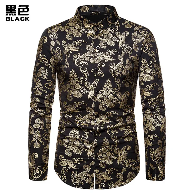 black Для мужчин s ночной клуб Пейсли бронзовое платье рубашки Slim Fit Мандарин воротник рубашки мужские вечерние свадебные рубашка барокко Camisa Masculina - Цвет: black