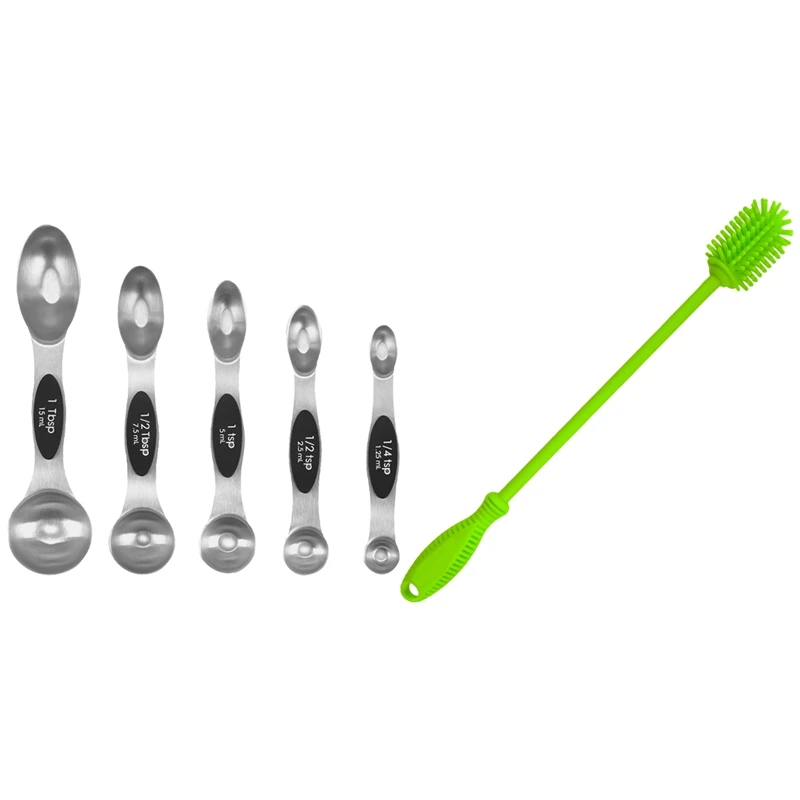 

Magnetic Measuring Spoons Stainless Steel Measuring Spoons Set Of 5 With 1Pcs Silicone Bottle Brush Bottle Cleaner