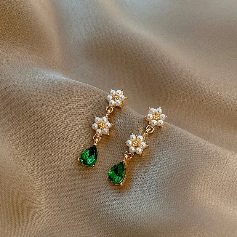 Dainty Green Crystal Water Drop Pearl Flower Earrings For Women Korean Vintage Zircon Rhinestone Wedding Earrings pendientes