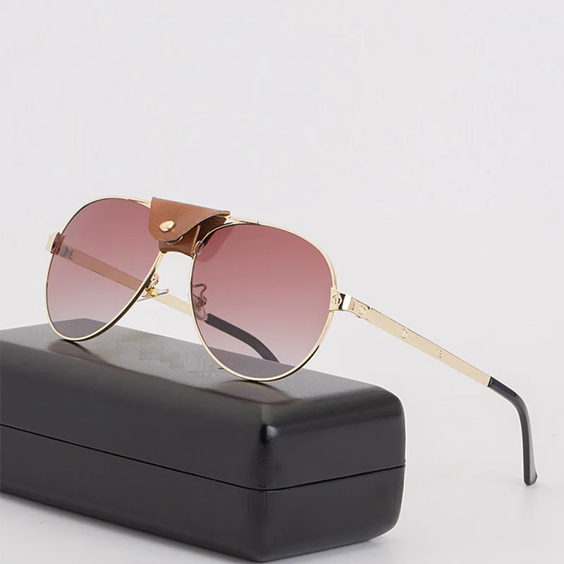 

Leather Pilot Sunglasses for Men Women Luxury Brand One Piece Steampunk Sun Glasses Vintage Round Shades Goggle Oculos UV400