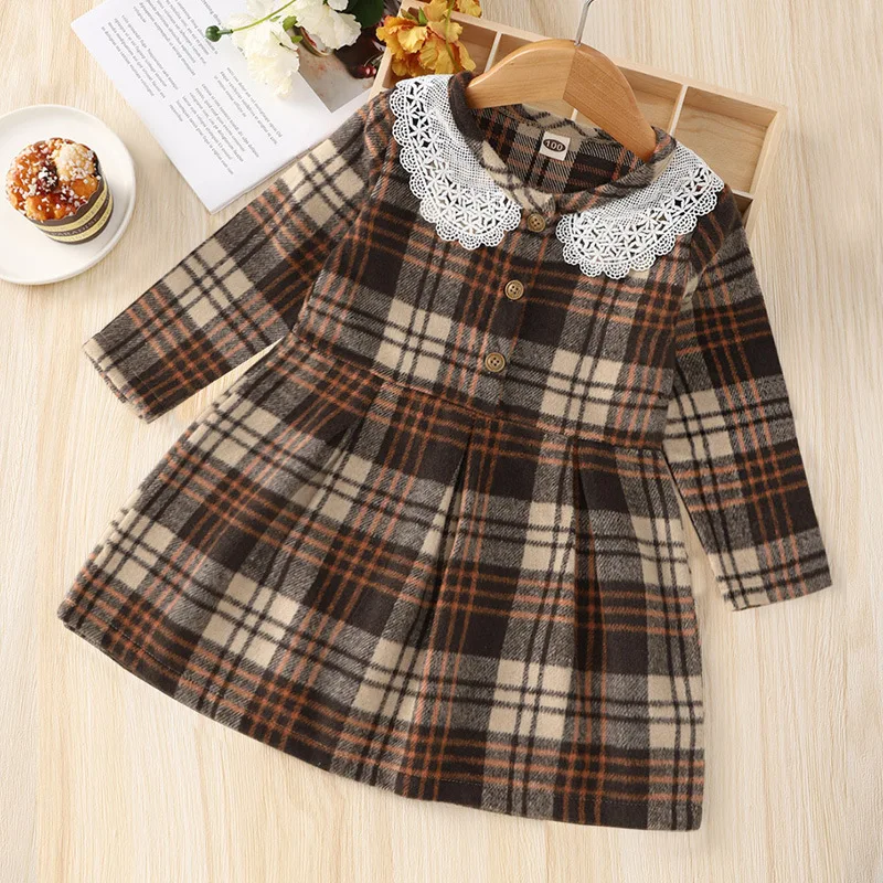 2022 new spring long-sleeved lattice lace collar children's dress 0-6 years old baby western-style | Детская одежда и обувь