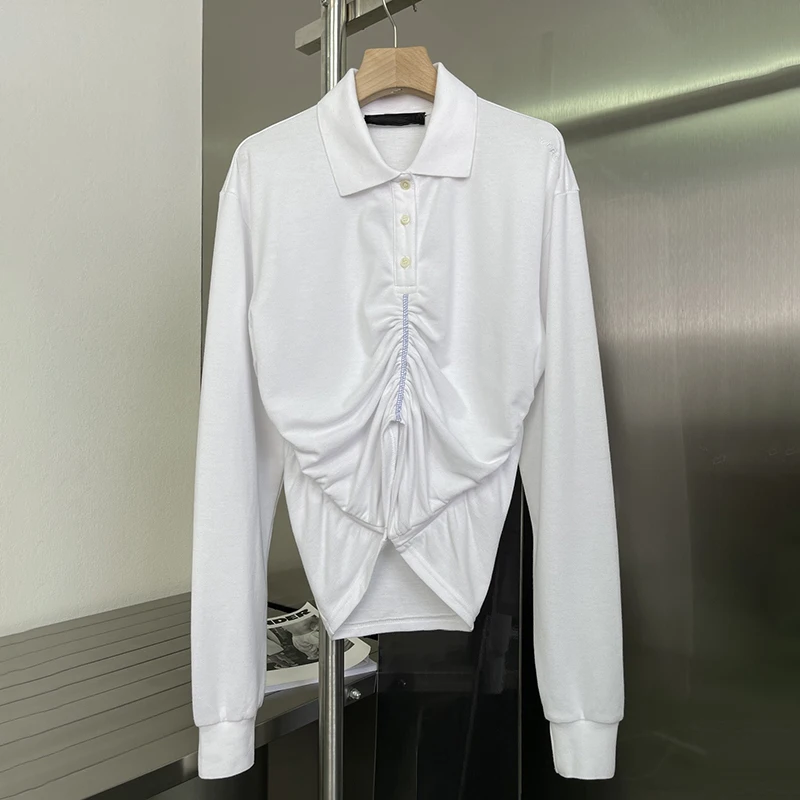 

VGH Casual Crinkle Slim Women's T-shirt Lapel Long Sleeve Korean Fashion Solid T Shirts Female 2021 Spring Female Clothing Style