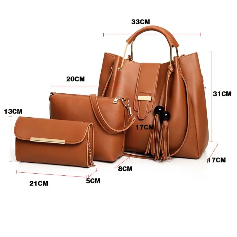 

3Pcs/Set PU Leather Tassel Handbag Crossbody Shoulder Bag Clutch Purse Set for Women Ladies Travel Beach Use Supplies
