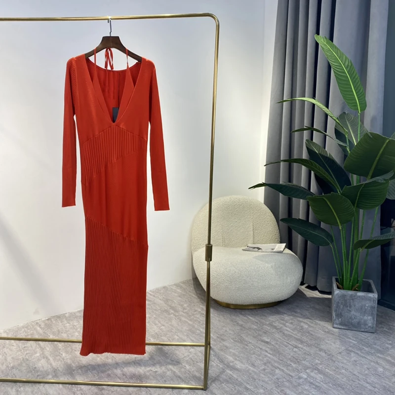 

Вязаное платье с лямкой на шее, осень 2021, искусственная одежда из двух предметов, высокое качество, с Боковым Разрезом, в рубчик, с длинным ру...