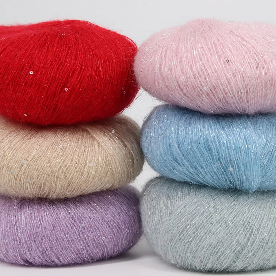 Мохеровая пряжа с блестками 25 г мягкая Золотая Серебряная нить блестящая тонкая