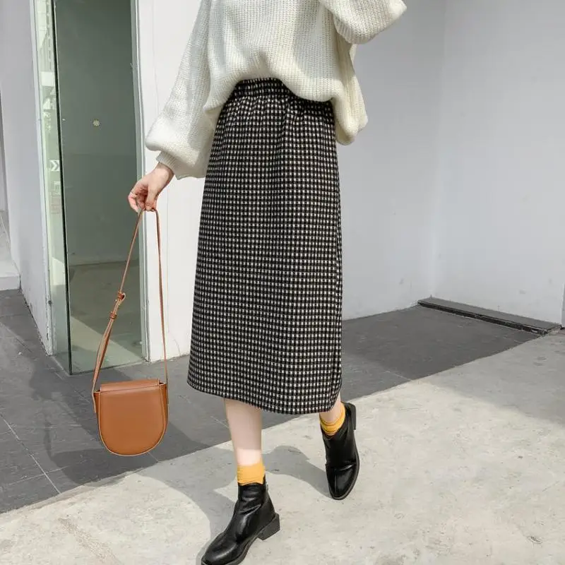 

Женская Однотонная юбка в клетку, повседневная шерстяная приталенная юбка с высокой талией, в стиле ретро, Осень-зима 2022