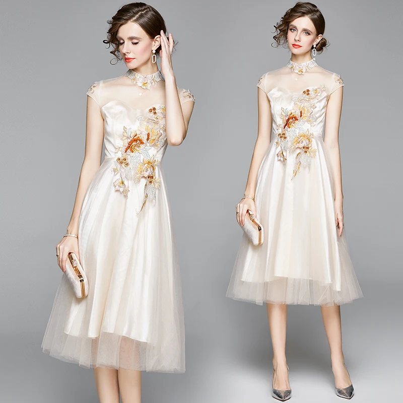 

Платье цвета шампанского с вышивкой, в европейском и американском стиле, 3635