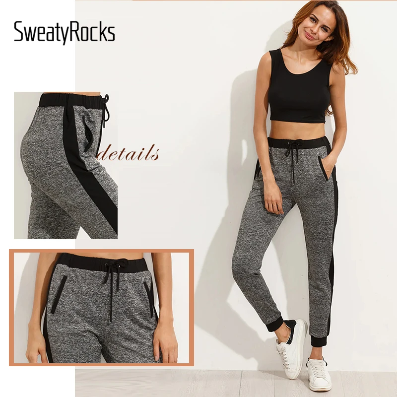SweatyRocks серый накладной карман талия шов шнурок трикотажные штаны активная одежда Sweatpant Осень Женские повседневные штаны для активного отдыха