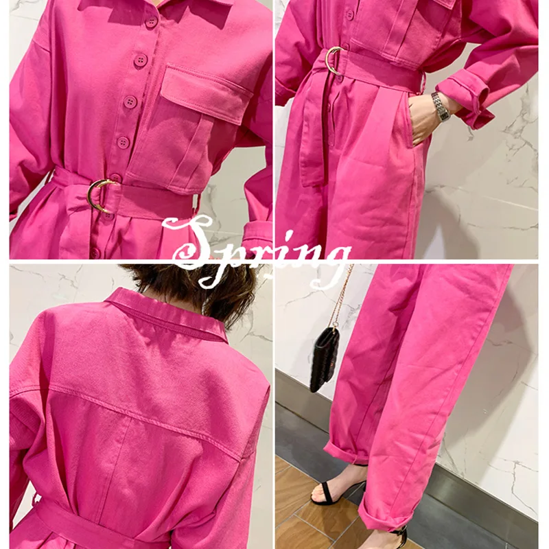 New Spring Autumn Women High Waist Long Sleeve Cotton Overalls Female Casual Vintage Rose Red Tracksuit Lounge Wear Jumpsuit | Женская