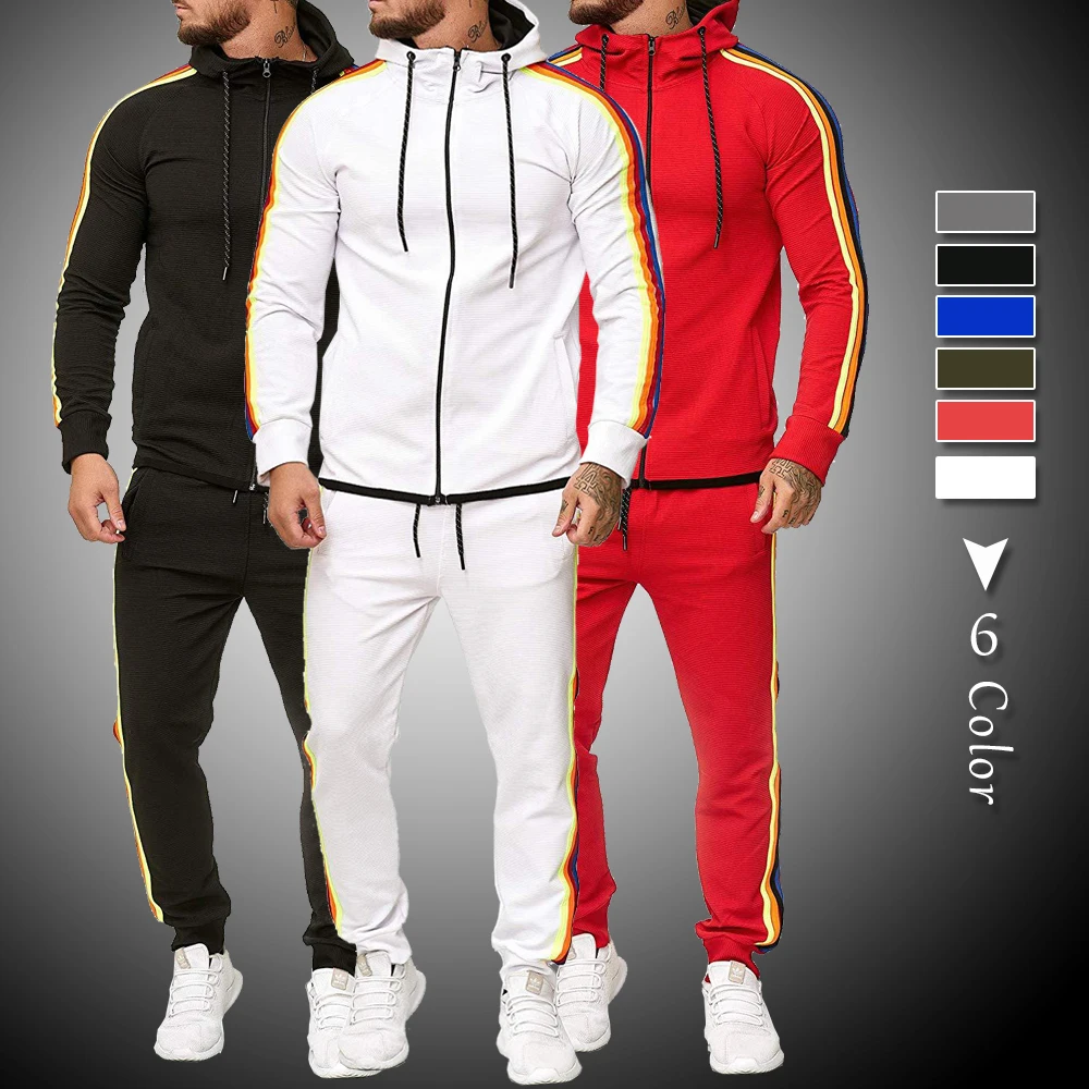 

Spring Autumn Tracksuit Men Set 2020 Brand New Hooded Sweatshirt+sweatpants Male Sport Sets Striped Pacthwork Joggers Outfits