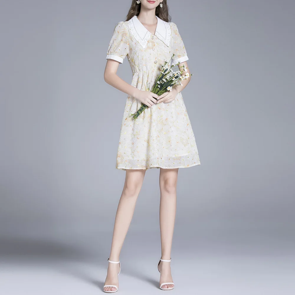

Womens Summer French Dress Short Puff Sleeve Retro Age-Reducing Doll Collar Embroidered Lace Sweet Slim First Love A-Line Skirt