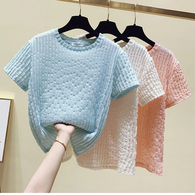 Футболка женская из 2021 хлопка со складками с коротким рукавом большого размера |