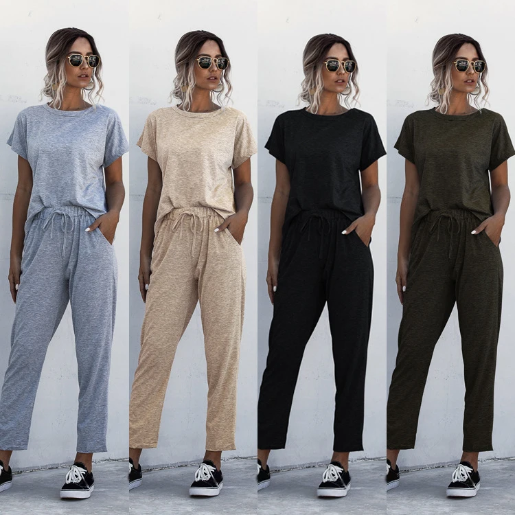 

Women Solid Short Sleeves T-shirt Pants Set Round Neck Elastic Waist Pockets Comfortable Tracksuit Casual 2pcs Loungewear