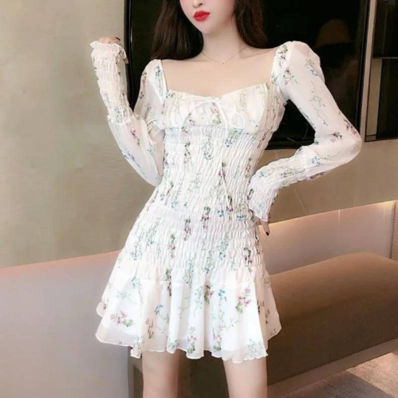

2021 Spring NewFloral Dress Women Elegant Kawaii Print Chiffon Party Mini Dress Female Sexy French Casual Bandage Korean Dress